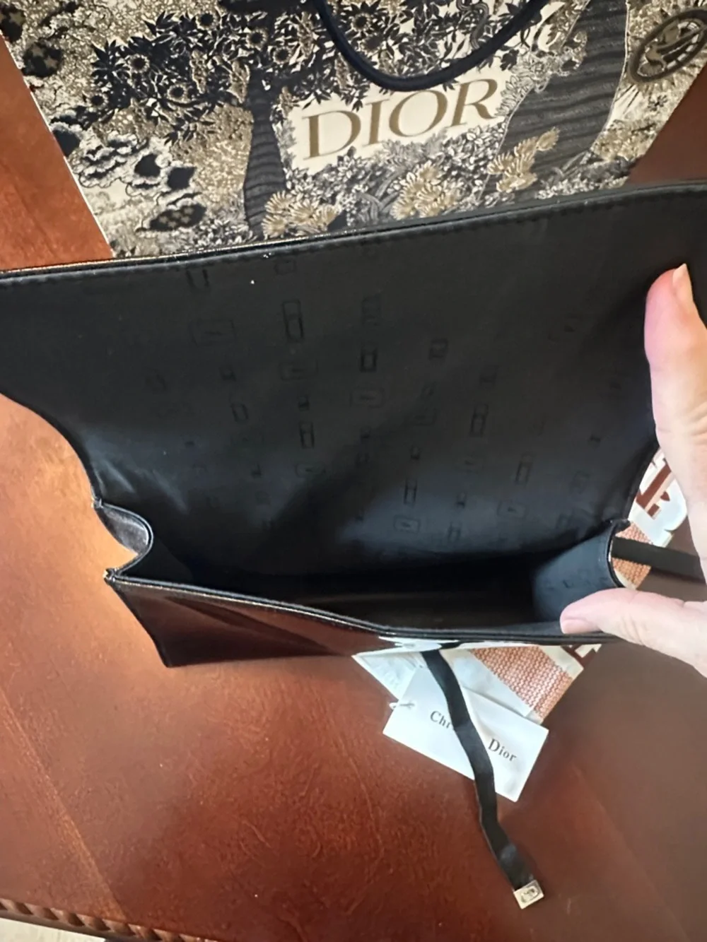 Dior White and Brown Monogram Silk Scarf with Black Patent Clutch - Picture 2 of 5